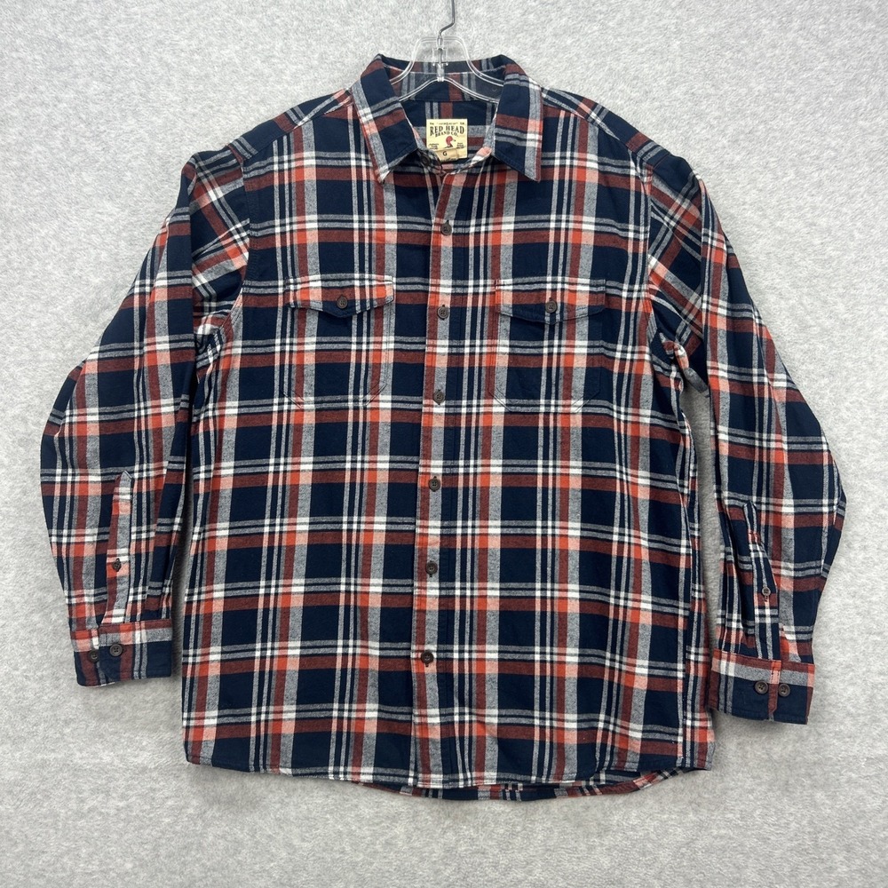 Red Head Flannel Shirt Mens Large Blue Orange Plaid‎ Lumberjack Cabincore Rugged